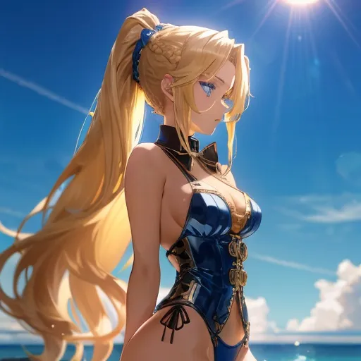 Prompt: Vera. She has long, sun-kissed blonde hair styled in a sleek and intricately braided ponytail that cascades down her back. Sapphire blue eyes. Wearing a [[steampunk bathing suit.]] Anime style. Steampunk. Adult. UHD