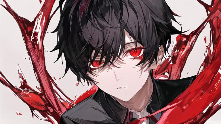 Prompt: Damien (male, short black hair, red eyes) looking up with desperation in his eyes 