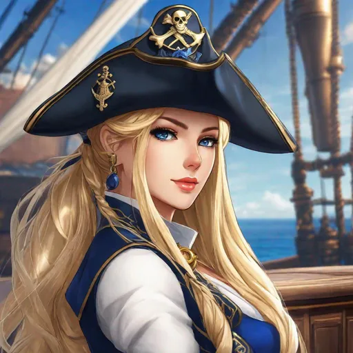 Prompt: Her long, sun-kissed blonde hair is styled in a sleek and intricately braided ponytail that cascades down her back. She wears an eyepatch and a pirate hat. Her eyes are an enchanting shade of sapphire blue
Her clothes are stained in blood

Anime style. Adult. Steampunk airship pirate