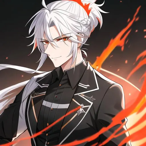 Prompt: Easton 1male. He has short {{white hair}} that is pulled back into a short ponytail. He has {{{rounded firey-orange colored eyes.}} He has a warm and welcoming smile. He is wearing a grim reaper outfit. UHD, 4K. Muscular. Highly detailed. Slender build. Handsome. Highly detailed face, 
