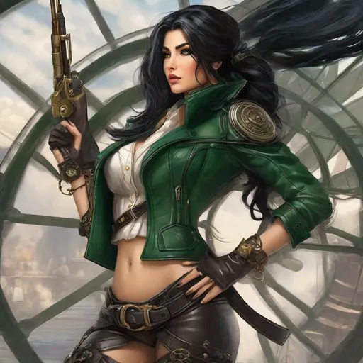 Prompt: Isolde has long, raven-black hair that falls gracefully down her back, often tied in a simple, efficient braid. Her eyes, a deep shade of green, are captivating and carry an air of mystery and intensity. She typically dons a practical leather jacket, adorned with an array of intricate spyglasses, telescopes, and monoculars. 

Airship pirate. Steampunk. Anime style. UHD