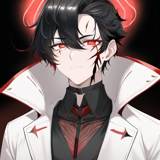 Prompt: Oxen 1male. He has short black hair. He has {{{slanted and serious red-colored eyes.}} He has a stern yet comforting look. His face is covered in scars. He is wearing a lab coat and holding flasks. UHD, 4K.  Handsome. Highly detailed face. He is 26 years old. Scientist