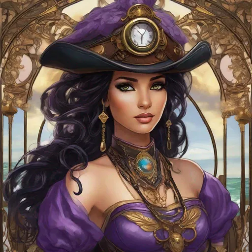 Prompt: Seraph has a striking and ethereal appearance. Her ebony hair falls in cascading waves down her back, adorned with a multitude of small, intricate brass and leather charms. She often wears an assortment of vibrant, steampunk-inspired dresses and corsets, each with its own ornate design. Her large, expressive eyes are a mesmerizing shade of amethyst. Airship pirate. Steampunk. Anime style 