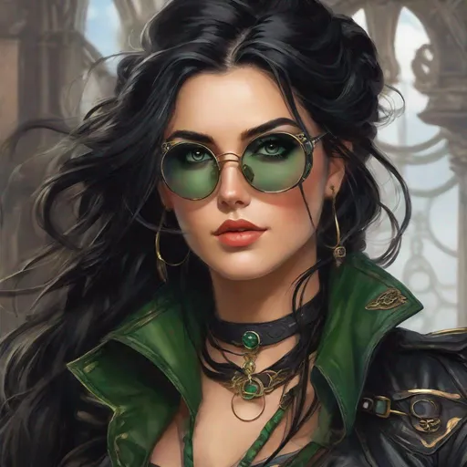 Prompt: Isolde has long, raven-black hair that falls gracefully down her back, often tied in a simple, efficient braid. Her eyes, a deep shade of green, are captivating and carry an air of mystery and intensity. She typically dons a practical leather jacket, adorned with an array of intricate spyglasses, telescopes, and monoculars. 

Airship pirate. Steampunk. Anime style. UHD