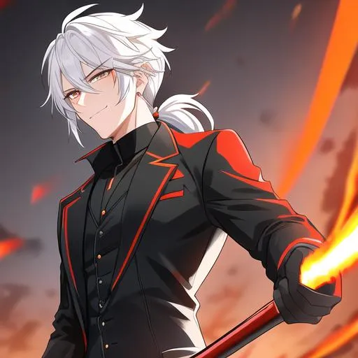 Prompt: Easton 1male. He has short {{white hair}} that is pulled back into a short ponytail. He has {{{rounded firey-orange colored eyes.}} He has a warm and welcoming smile. He is wearing a grim reaper outfit. UHD, 4K. Muscular. Highly detailed. Slender build. Handsome. Highly detailed face, 