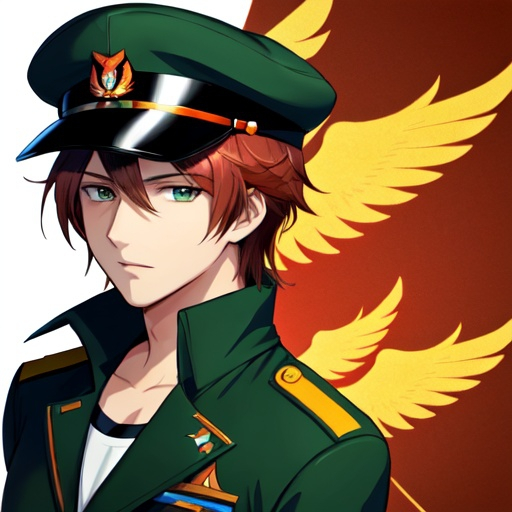 Prompt: Phoenix. Male. He has auburn hair. He has green eyes. He is wearing an aviator cap. Wearing an air force uniform. Anime style
