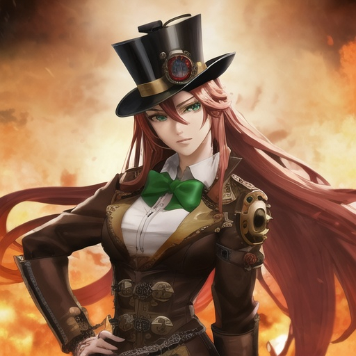 Prompt: Anime-style illustration of Valve, long red hair, green eyes, steampunk goggles, adorned top hat with pipes, tan coat with gears, detailed facial features, intricate steampunk design, highres, ultra-detailed, anime, steampunk, detailed eyes, professional