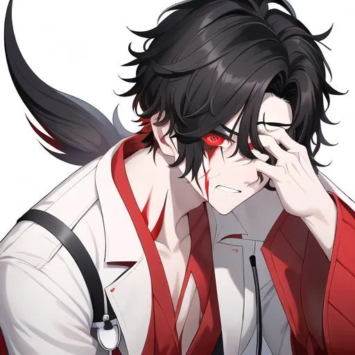 Prompt: Oxen 1male. He has short black hair that covers his eyes. He has {{{slanted and serious red-colored eyes.}} He has a stern yet comforting look. His face is covered in scars. wearing a white doctor's coat over a shirt and trousers. UHD, 4K.  Handsome. Highly detailed face. He is 26 years old. Scientist, Wearing an eye patch. Wearing a mask