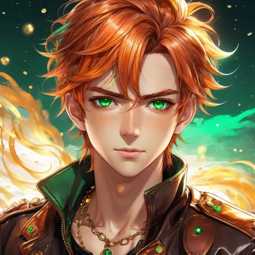 Prompt: Anime illustration of Mara, male, fiery munsell hair tied in a messy bun, shimmering like a sunlit copper sea, emerald-green eyes, cute freckles, leather jacket with weather charms, detailed eyes, vibrant colors, steampunk, anime, detailed hair, atmospheric lighting, highres, professional, male
