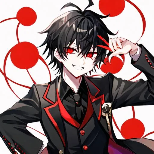 Prompt: Damien (male, short black hair, red eyes) grinning sadistically