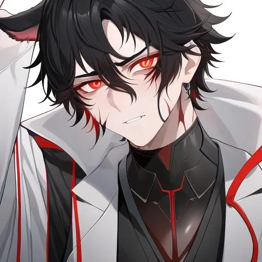 Prompt: Oxen 1male. He has short black hair. He has {{{slanted and serious red-colored eyes.}} He has a stern yet comforting look. His face is covered in scars. He is wearing a lab coat and holding flasks. UHD, 4K.  Handsome. Highly detailed face. He is 26 years old. Scientist