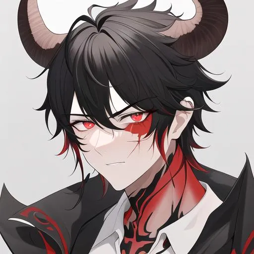 Prompt: Oxen 1male. He has short black hair. He has {{{slanted and serious red-colored eyes.}} He has a stern yet comforting look. His face is covered in scars. He is wearing a white shirt. UHD, 4K.  Handsome. Highly detailed face. He is 26 years old. Close up