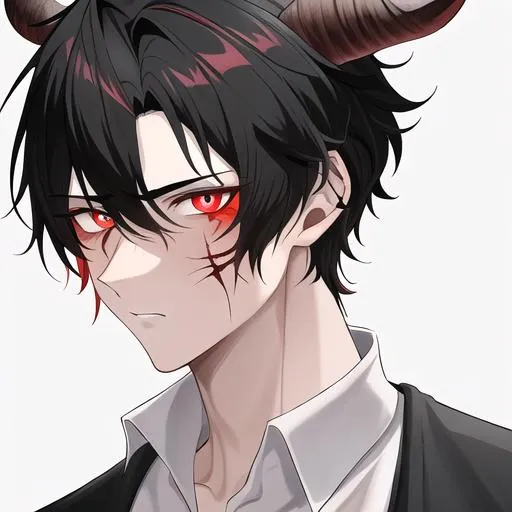 Prompt: Oxen 1male. He has short black hair. He has {{{slanted and serious red-colored eyes.}} He has a stern yet comforting look. His face is covered in scars. He is wearing a white shirt. UHD, 4K.  Handsome. Highly detailed face. He is 26 years old. Close up