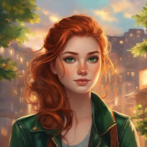 Prompt: Mara has long, fiery auburn hair that seems to shimmer like a sunlit copper sea. She keeps her hair tied back in a messy bun when she's not busy observing the skies. Her emerald-green eyes have a spark of adventure and mischief, and her freckles add charm to her features. She often wears a leather jacket with various weather charms and small trinkets hanging from its edges. Airship pirate. Steampunk. Anime style 