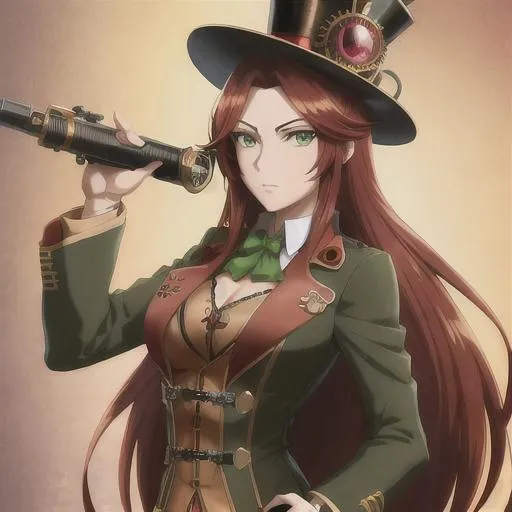 Prompt: Anime-style illustration of Valve, long red hair, green eyes, steampunk goggles, adorned top hat with pipes, tan coat with gears, detailed facial features, intricate steampunk design, highres, ultra-detailed, anime, steampunk, detailed eyes, professional