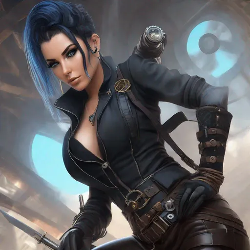 Prompt: She is wearing an steampunk themed assassin outfit, thigh-high boots, fingerless gloves, goggles, and a utility belt with hidden blades. her hair is a sleek midnight black, styled in a tight bun with a few loose strands framing her face. her eyes are a piercing icy blue. {{Steampunk assassin}}. UHD, 8K. Pale skin. Highly detailed. Masculine body. Anime style