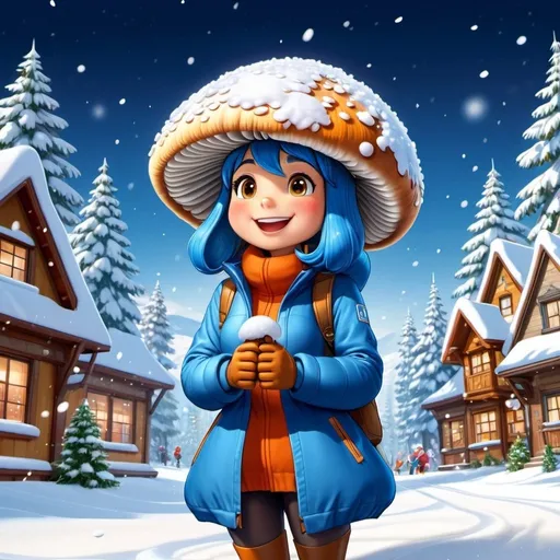 Prompt: masterpiece, best quality, ultra detailed, high resolution, extremely detailed CG, super fine illustration, Anthropomorphic, mascot character, cartoon character that looks like a mushroom, (shoot from side), (Looking up), prety, smile, group of ladies, background snow scene, snowing, holy night, look cold
