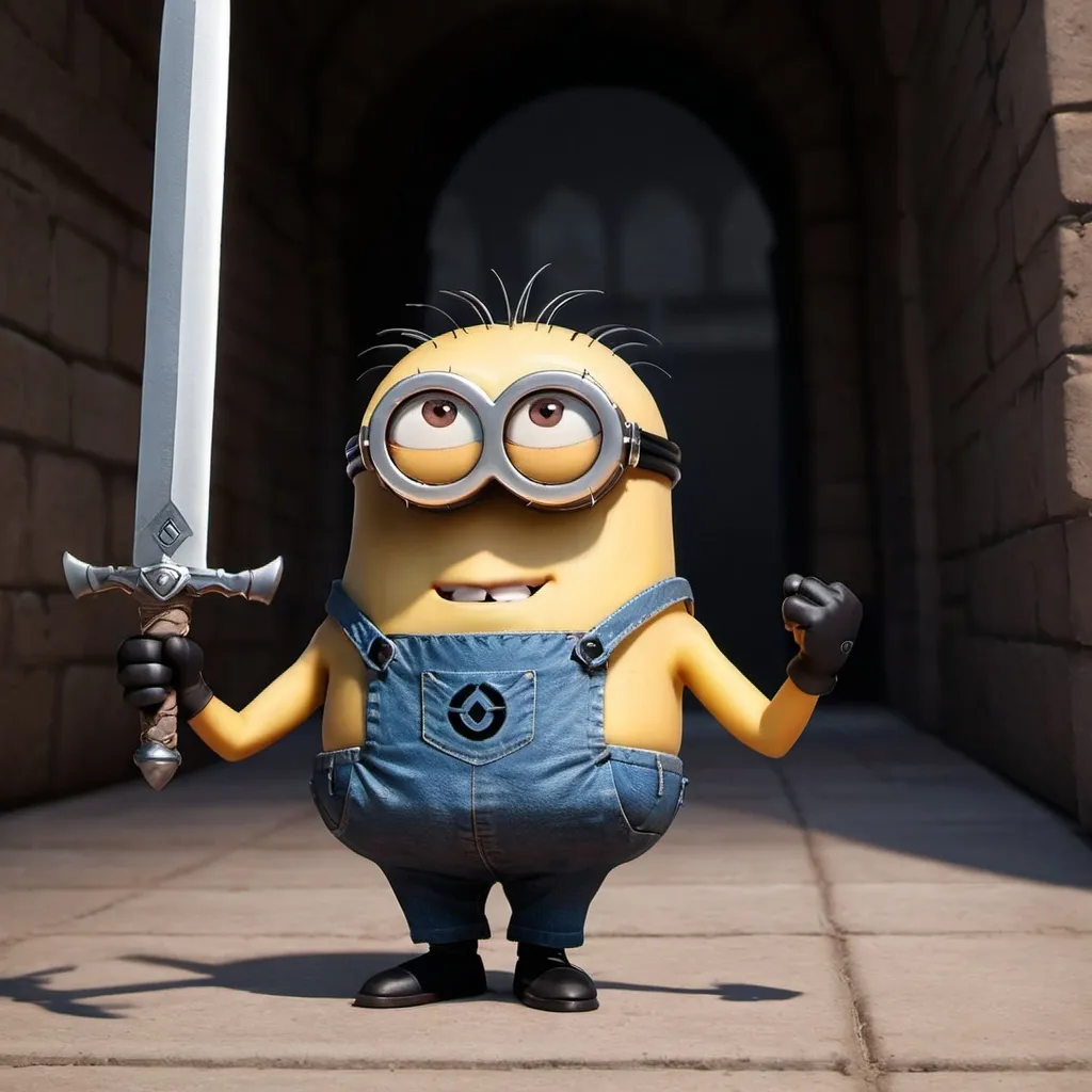 Prompt: Minion from despicable me but muscular and has a sword 
