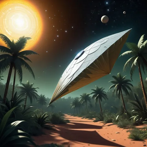 Prompt: A scene of a star shot solar sail arriving at the nearest exomoon showing beautiful jungle desolation in the art style of lane 8 