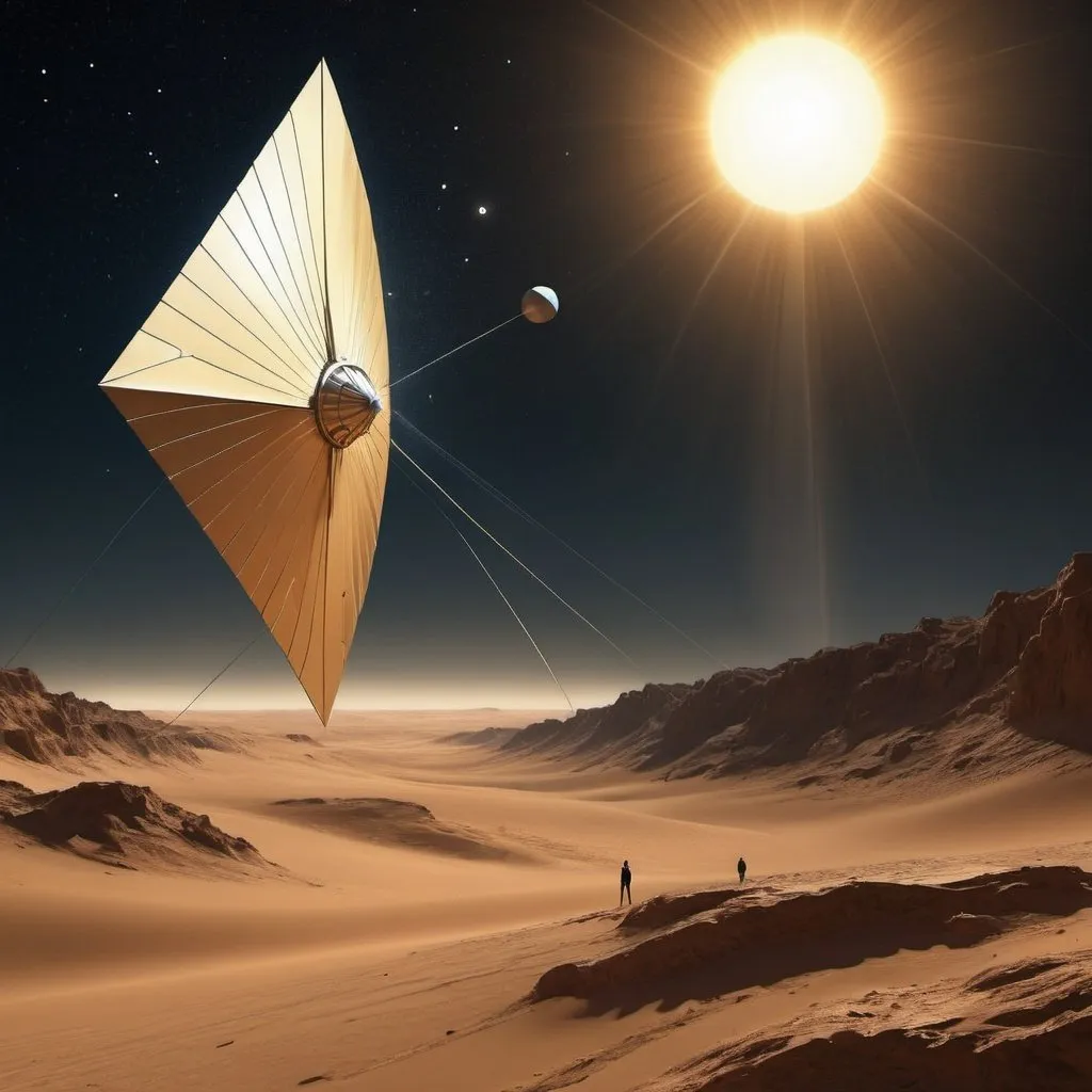 Prompt: A scene of a star shot solar sail arriving at the nearest exomoon showing beautiful desolation in the art style of lane 8 