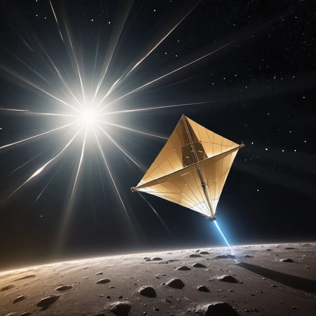 Prompt: A scene of a star shot solar sail embarking on a journey to the nearest star in the art style of lane 8