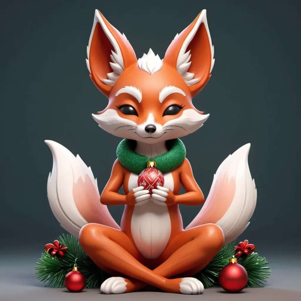 Prompt: Cartoon 9-tailed fox, hairless, with Christmas elements, seated with hands clasped, smooth, eyes closed, 3D rendering, cartoon, high resolution, Christmas theme, hairless design, serene expression, detailed ornamentation, festive colors, professional lighting