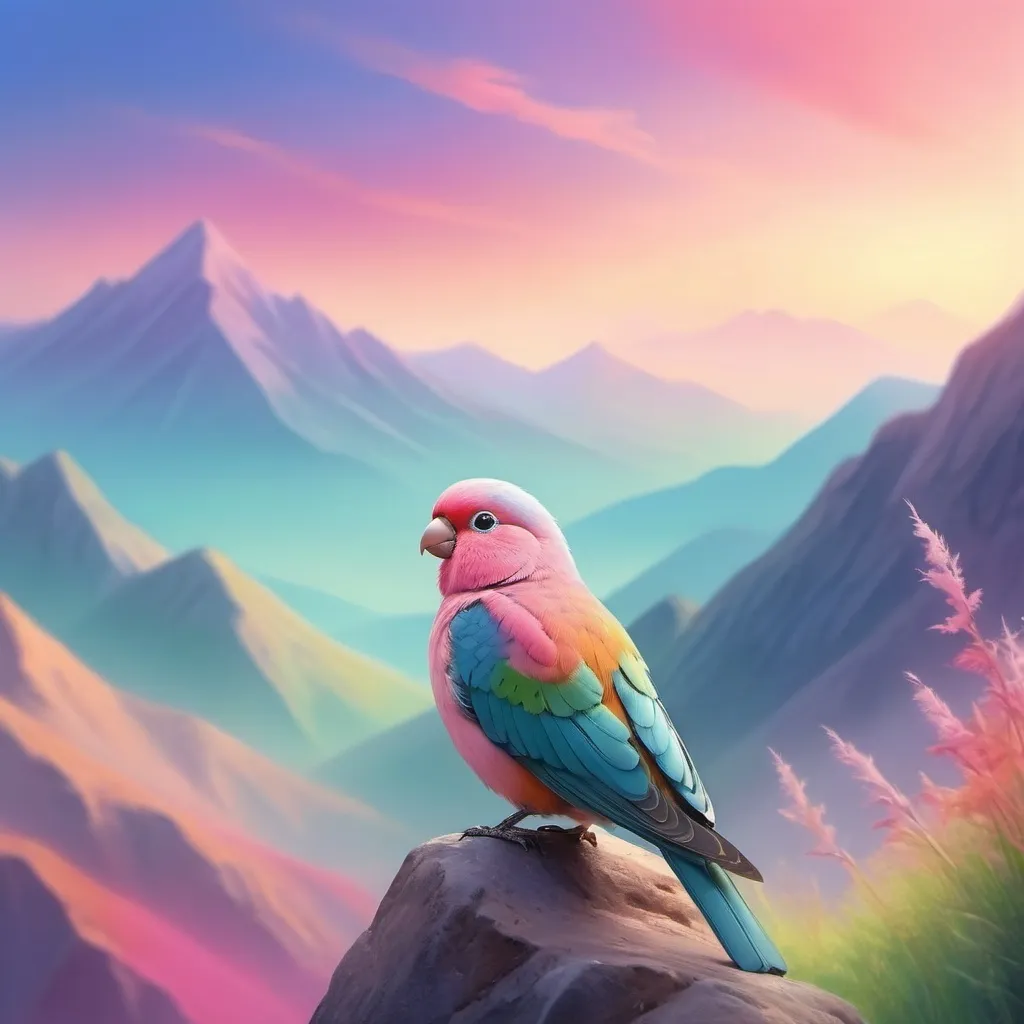 Prompt: A lofi background  with a happy pet bird to the side gazing at a colorful mountainscape. make the sky and mountains the majority of the image

