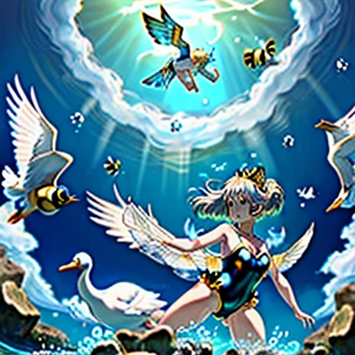 Prompt: anime girl under water wearing wings in a swimsuit and holding a white goose a bumblebee is flying to the left and a lion is on the right