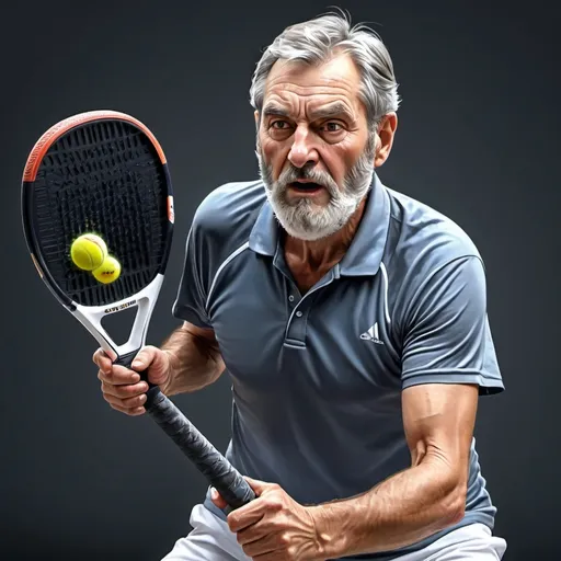 Prompt: High-quality realistic digital painting of a mature man playing padel, long gray beard, intense expression, detailed wrinkles, sportswear, dynamic action pose, professional digital painting, realistic, detailed, action shot, athletic, intense lighting, sports, mature, beard, padel, dynamic, high quality