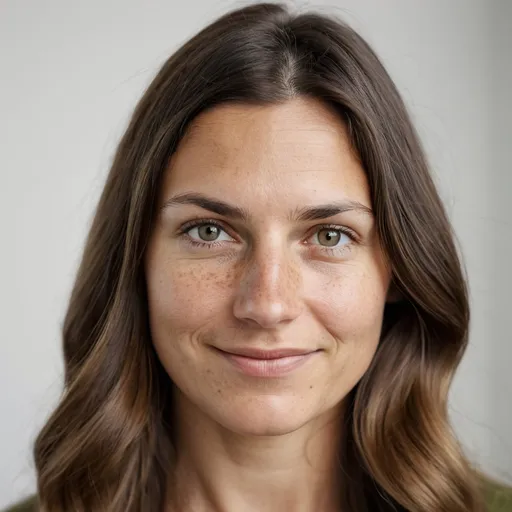 Prompt: Ultra-realistic close-up portrait of a 34-year-old Scandinavian woman with long dark brown ombre hair styled in soft waves. She has olive skin with visible freckles across her cheeks and nose, faint smile lines, and subtle asymmetry in her jawline. Her eyes are a soft green, looking directly at the camera with a calm, neutral expression. Eyebrows are medium-thick and naturally shaped. Skin texture is unretouched, showing light pores and fine lines. Captured with an 85mm f/1.4 lens at shallow depth of field, soft even studio lighting, against a pure white seamless background. Photorealistic, 64k resolution, no makeup or digital 