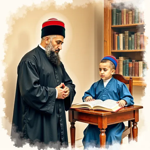 Prompt: @UOis2Cfw81lnF03RHzmU in watercolor painting style, inside an ancient house in Djerba. An antique table and a bookshelf are in the room. Next to the table sits his young son, a small child wearing a blue smatsa (tunic), with a kippah on his head, reading from a large book. @UOis2Cfw81lnF03RHzmU is shown in profile, standing beside him and watching him with attention. Soft pastel colors, delicate brush strokes, thin ink outlines, watercolor paper texture, detailed facial features, consistent character design.