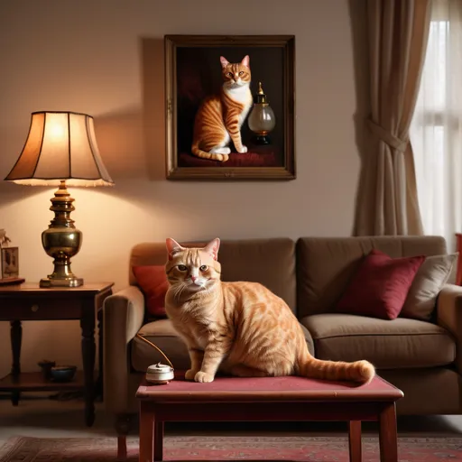 Prompt: Photorealistic image of an old living room with an old red wooden lamp with golden details and a beige lampshade on a square table in the left corner, next to an old brown sofas, old silk colored pillows sitting on it; a sturdy ginger cat is lying on his belly on the left side of the sofa on the right in the exact same unnaturally stiff posture of the Giza sphinx, his sleepy eyes barely open looking to the right, a very thin, long white beard made out of silky transparent threads extends from the bottom of his chin down to the floor; warm lighting, dark atmosphere