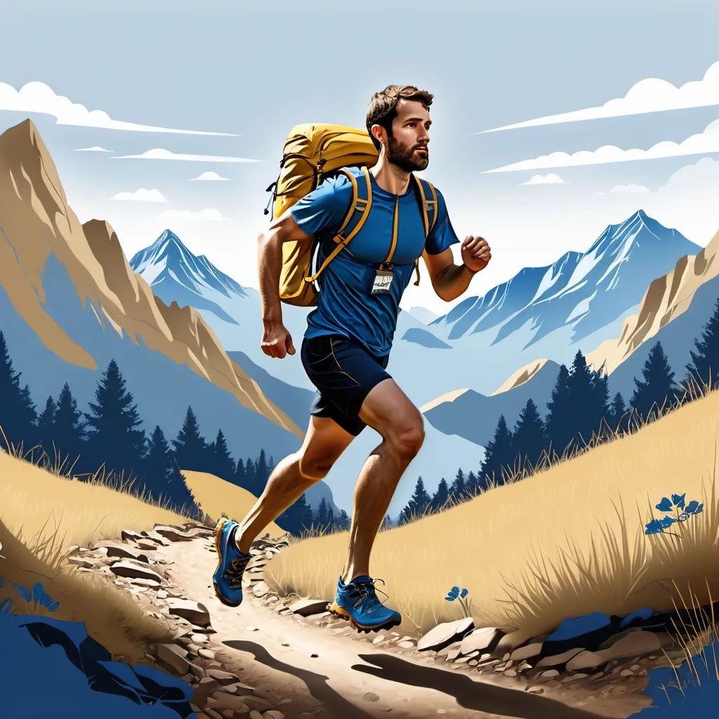 Prompt: illustrated man trail running  with blue and gold backpack. no background. mountain
