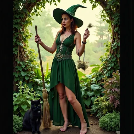 Prompt: (Witch), enchanting green witch, full body, with a black cat companion by her side, holding an ornate broom, surrounded by lush greenery and assorted herbs, harmoniously in tune with nature, a luminous crescent moon hanging in the background, warm earthy tones, magical and serene ambiance, ultra-detailed, high quality, ethereal glow.