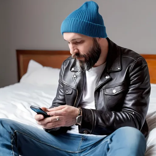 Prompt: A man in his forties with a short b full beard with a blue beanie on a leather jacket and blue jeans on and colorful Vans shoes laying on a bed on his 
 phone