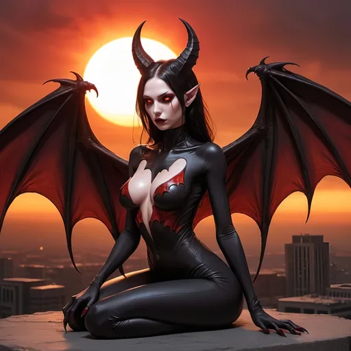 Prompt: Succubus who look to be lost in her mind, thinking, massive bat wings on her back, high quality, background of the apocalypse world, eyes closed, long canine tooth, long claws, black full body suit, long and pointed ears, warm, side view, sit, dark red reptile eyes, sun set time, monster legs and feet
