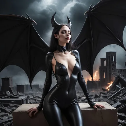 Prompt: Succubus who look to be lost in her mind, thinking, massive bat wings on her back, high quality, background of the apocalypse world, eyes closed, long canine tooth, long claws, black full body suit