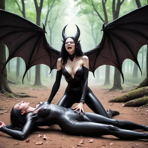 Prompt: A female succubus with massive bat wings on her back, she is on a male human who lay on the ground, he is powerless by the female succubus, he is terrified by her, eyes closed, long claws, long canine tooth, black full body suit, background of a massive forest, the human guy have no tshirt