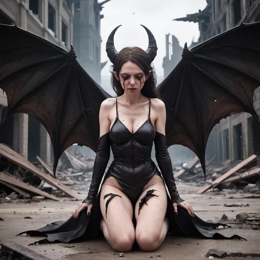 Prompt: Succubus who is crying, knees on the ground, background look like destroyed buildings, eyes closed, high quality, massive bat wing on her back