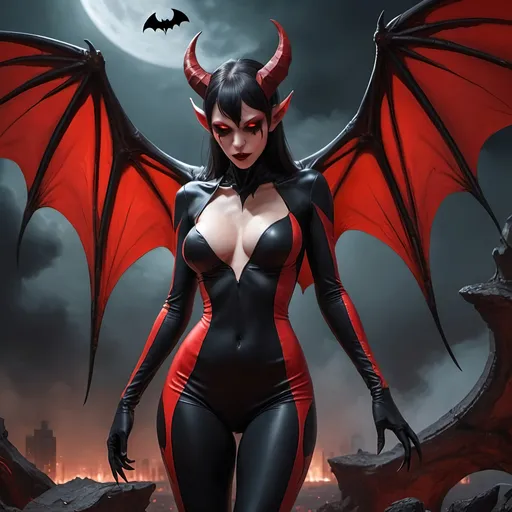 Prompt: Succubus who look to be lost in her mind, thinking, massive bat wings on her back, high quality, background of the apocalypse world, eyes closed, long canine tooth, long claws, long black and red full body suit, long and pointed ears, warm