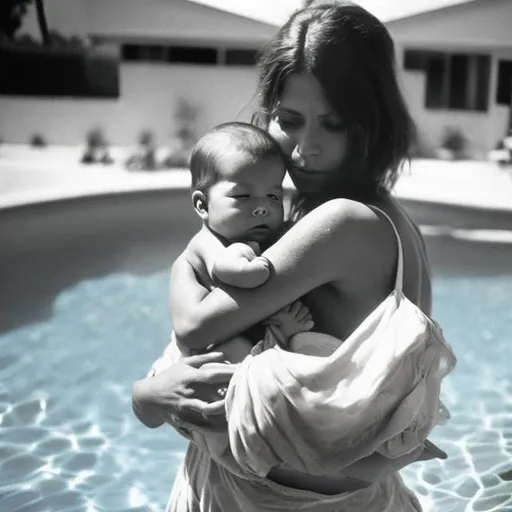 Prompt: 1970, a woman holds her baby in her arms in a swimming pool in malibu