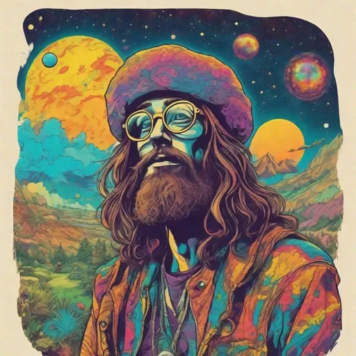 Prompt: hippie stoner looks upon the universe with great wonder and fascination, psychedelic colours, dramatic scene, comic-book page