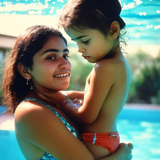 Prompt: young mexican woman with her baby in her arms in a swimming pool in a malibu mansion, 1969, full colour
