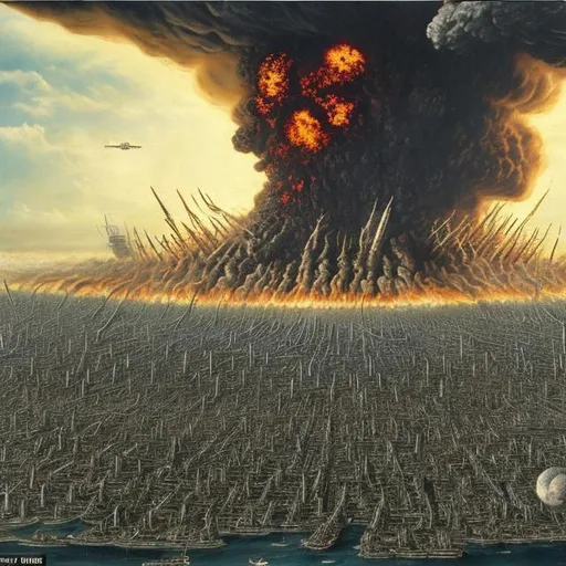 Prompt: the biggest ever nuclear bomb explodes into a massive alien army of ships