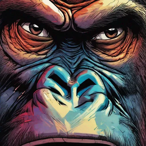 Prompt: intense closeup of ape face, fantastic detail, vivid colours, dramatic scene, comic-book page