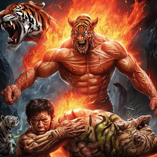 Prompt: muscular alien warlord fights tiger, blood, claws, wrestling, teeth, strong