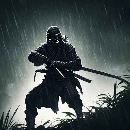 Prompt: blind ninja that uses only sound in jungle at night, raining