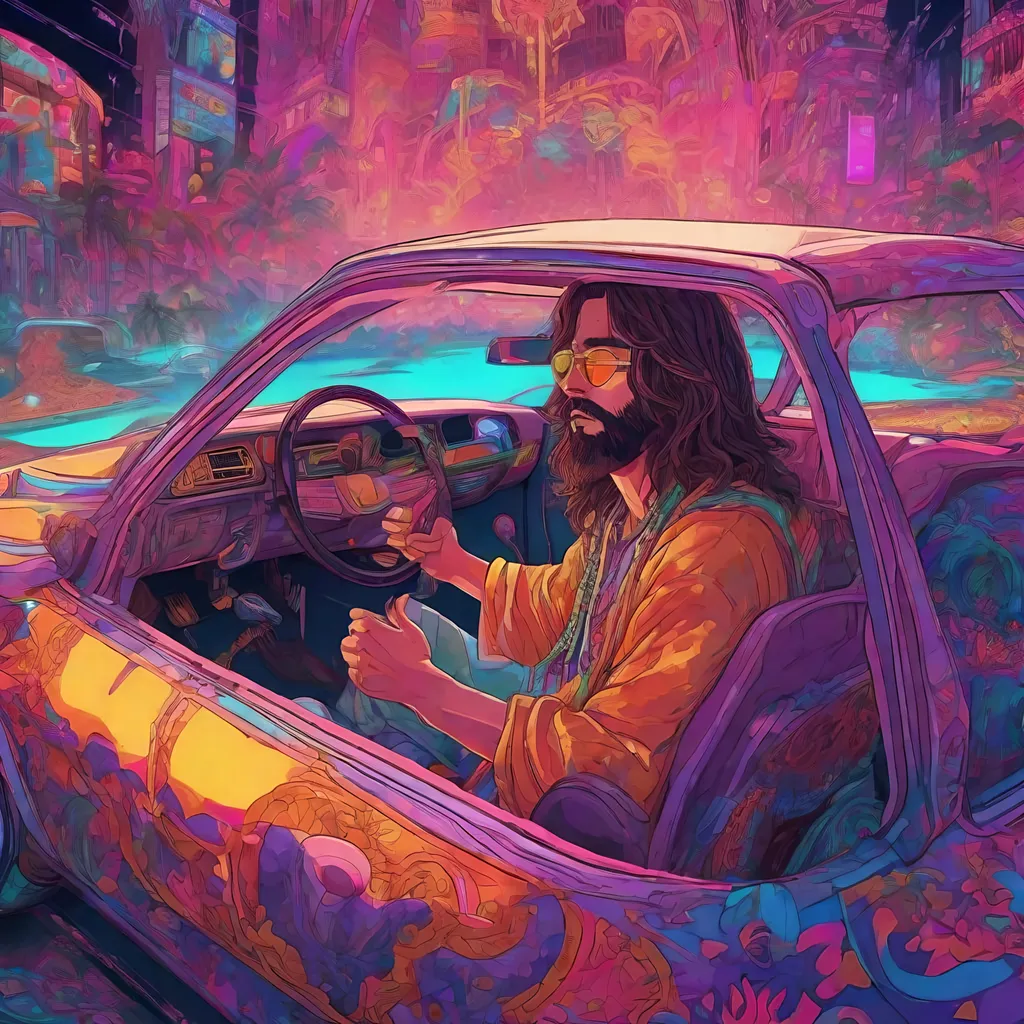 Prompt: Anime illustration, stoic jesus hippie driving a car in a neon 1970s fantasy world, expression mirrors deep coolness, intricate details highlight psychedelic, narrative elements woven throughout scene, neon fantasy aesthetics enhance emotional depth, surrounding world contributes to cinematic atmosphere, digital painting with vivid colors, highly detailed, evoking strong emotional response, Tarantino style