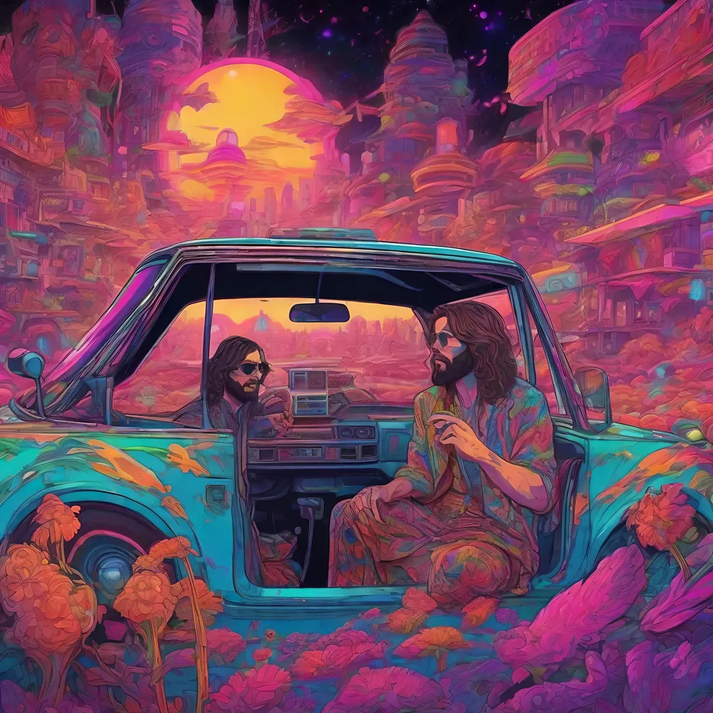 Prompt: Anime illustration, stoic jesus hippie driving a car in a neon 1970s fantasy world, expression mirrors deep coolness, intricate details highlight psychedelic, narrative elements woven throughout scene, neon fantasy aesthetics enhance emotional depth, surrounding world contributes to cinematic atmosphere, digital painting with vivid colors, highly detailed, evoking strong emotional response, Tarantino style