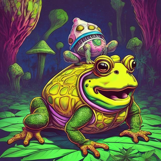 Prompt: an anthropomorphic toad takes psilocybin dmt cannabis lsd and mescaline